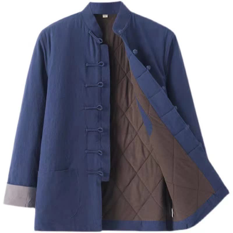 Buddha Stones Giacca da uomo casual autunno/inverno in cotone tinta unita con bottoni a rana e tasche, stile Tang. - Blu mezzanotte - US/UK/AU44, EU54 (4XL) - image 0