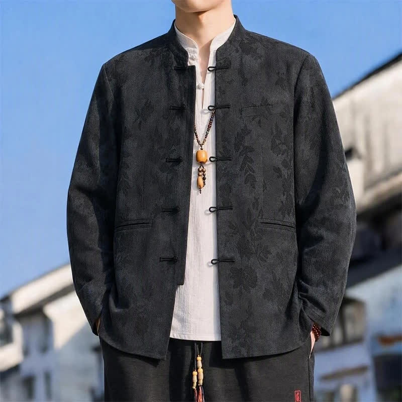 Buddha Stones Giacca da uomo autunno/inverno in stile vintage Tang con colletto alla coreana e motivo a foglie astratte, con tasche. - Nero - US/UK/AU42，EU52 (4XL) - image 0