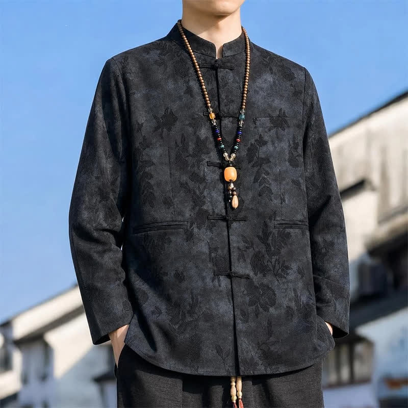 Buddha Stones Giacca da uomo autunno/inverno in stile vintage Tang con colletto alla coreana e motivo a foglie astratte, con tasche. - image 1