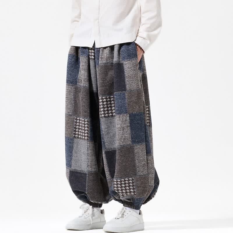 Buddha Stones Pantaloni alla caviglia da uomo in cotone a quadri con coulisse, stile vintage, per autunno/inverno, modello harem con tasche. - Grigio tenue - US/UK/AU46, EU56 (5XL) - image 0