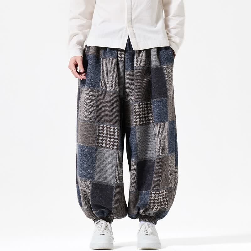 Buddha Stones Pantaloni alla caviglia da uomo in cotone a quadri con coulisse, stile vintage, per autunno/inverno, modello harem con tasche. - image 1