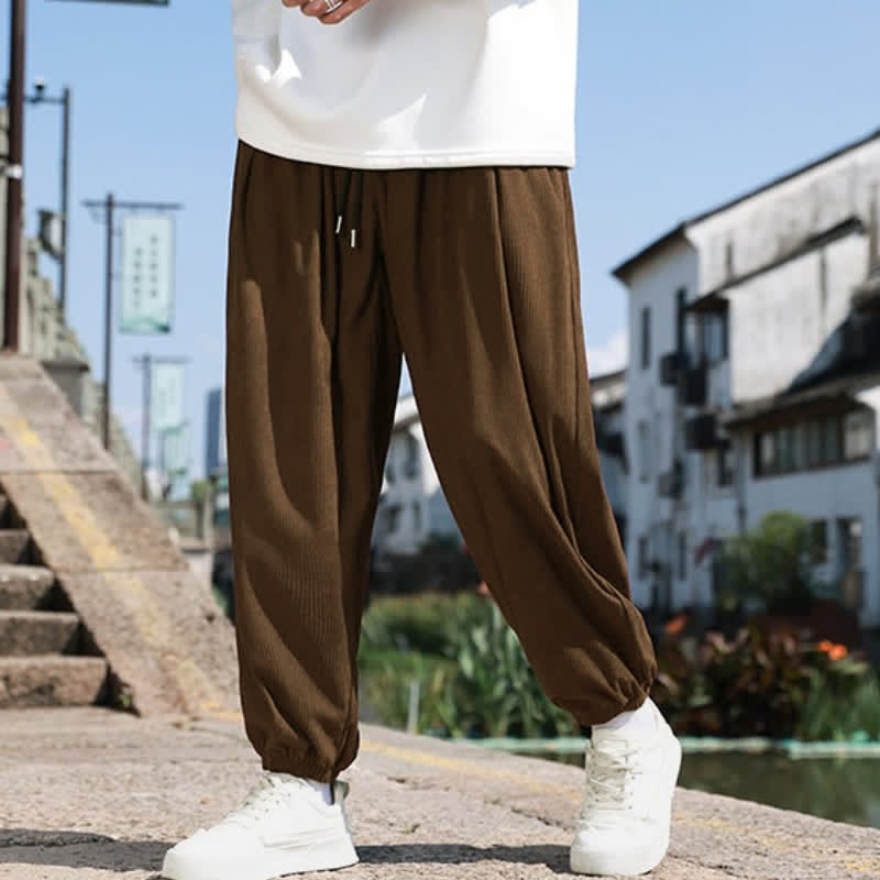 Buddha Stones Pantaloni corti da uomo in velluto a coste, casual, minimalisti, con coulisse, tinta unita, modello affusolato, con tasca, per l'autunno. - image 1
