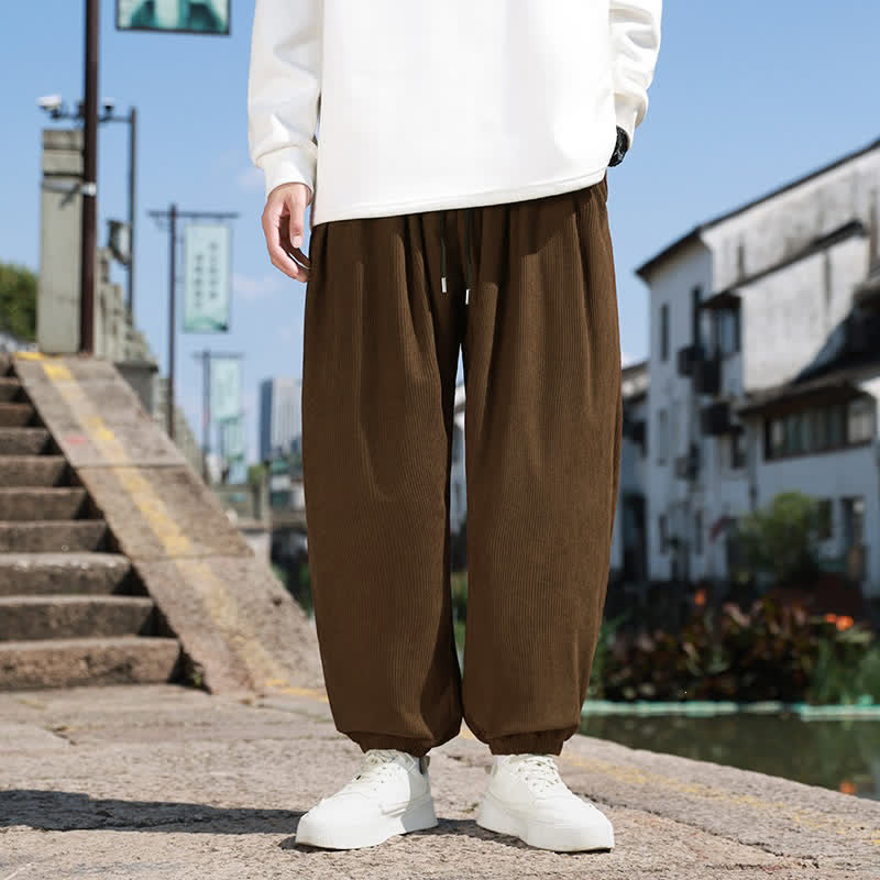 Buddha Stones Pantaloni corti da uomo in velluto a coste, casual, minimalisti, con coulisse, tinta unita, modello affusolato, con tasca, per l'autunno. - Marrone sella - US/UK/AU46, EU56 (5XL) - image 0