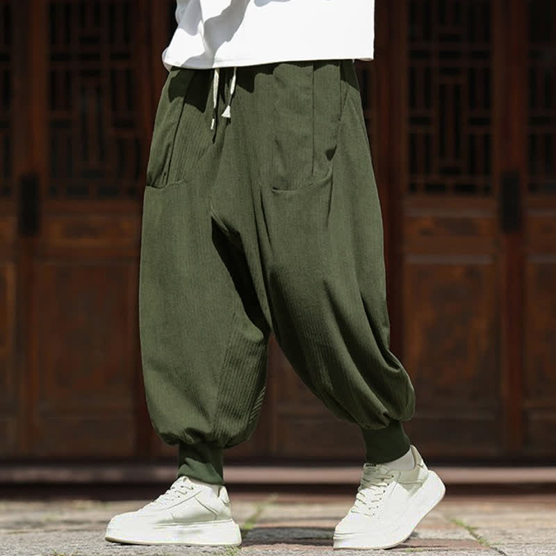 Buddha Stones Pantaloni corti da uomo in velluto a coste, stile vintage, con coulisse, per autunno/inverno, modello harem con tasche. - image 1