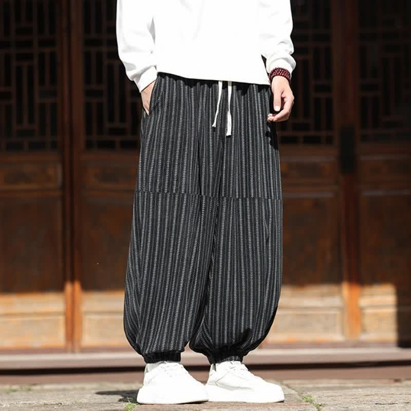 Buddha Stones Pantaloni corti a righe con coulisse, modello harem da uomo in velluto a coste, casual, primavera/autunno, con tasca. - image 1