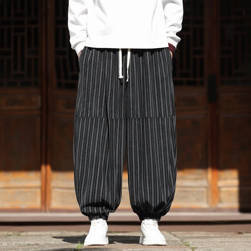 Buddha Stones Pantaloni corti a righe con coulisse, modello harem da uomo in velluto a coste, casual, primavera/autunno, con tasca. - Nero - US/UK/AU46, EU56 (5XL) - image 0