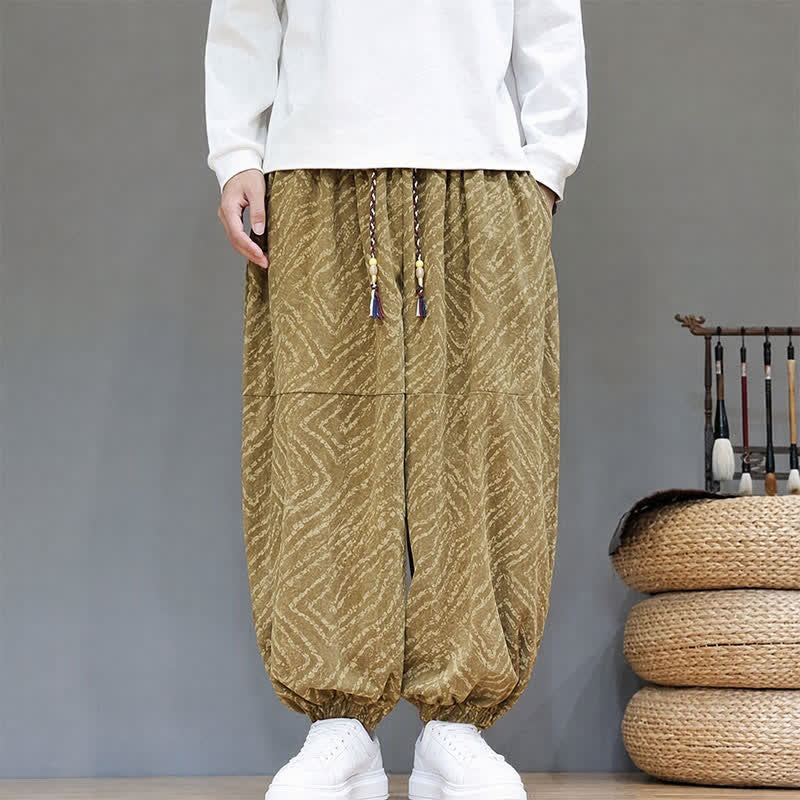 Buddha Stones Pantaloni corti da uomo in velluto a coste con coulisse, stile boho, casual, autunno/inverno, con linee astratte, modello harem e tasche. - image 1