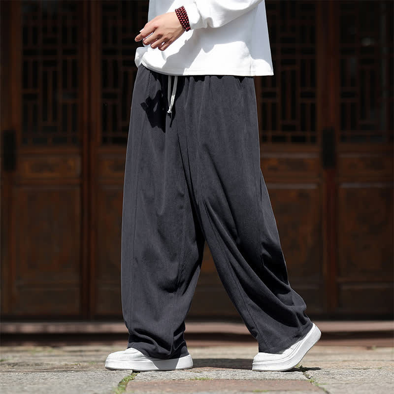 Buddha Stones Pantaloni casual minimalisti primavera autunno con coulisse, tinta unita, alla caviglia, in velluto a coste, da uomo, gamba dritta con tasche. - Grigio tenue - US/UK/AU46, EU56 (5XL) - image 0