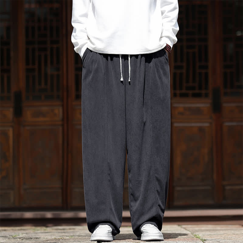 Buddha Stones Pantaloni casual minimalisti primavera autunno con coulisse, tinta unita, alla caviglia, in velluto a coste, da uomo, gamba dritta con tasche. - image 1