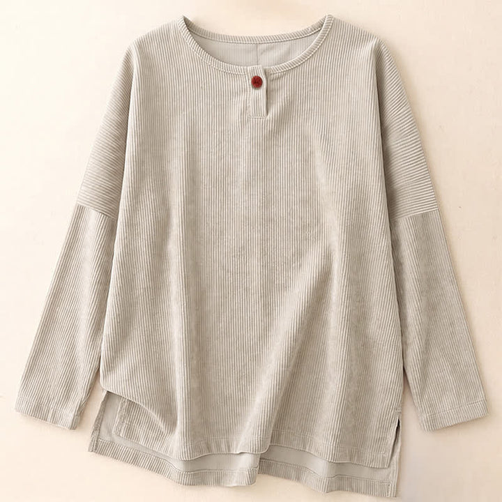 Buddha Stones Camicia da donna a maniche lunghe in velluto a coste tinta unita, girocollo, con bottoni, stile minimalista, primavera/autunno. - Beige - US14, UK/AU18, EU46 (2XL) - image 2