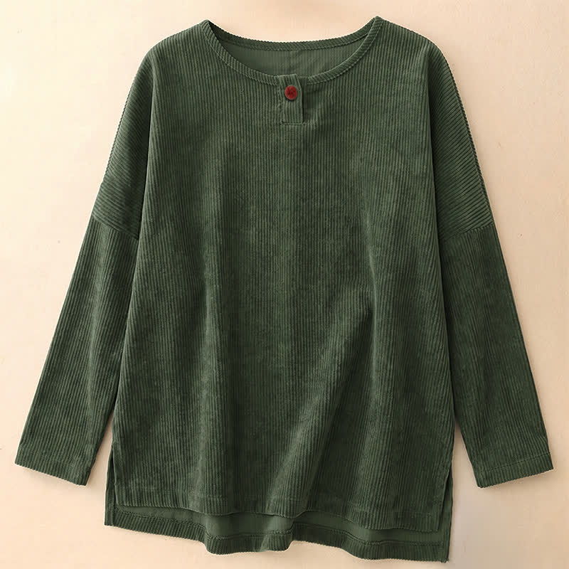 Buddha Stones Camicia da donna a maniche lunghe in velluto a coste tinta unita, girocollo, con bottoni, stile minimalista, primavera/autunno. - Verde scuro - US14, UK/AU18, EU46 (2XL) - image 0
