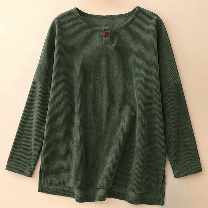 Buddha Stones Camicia da donna a maniche lunghe in velluto a coste tinta unita, girocollo, con bottoni, stile minimalista, primavera/autunno. - Verde scuro - US14, UK/AU18, EU46 (2XL) - image 0