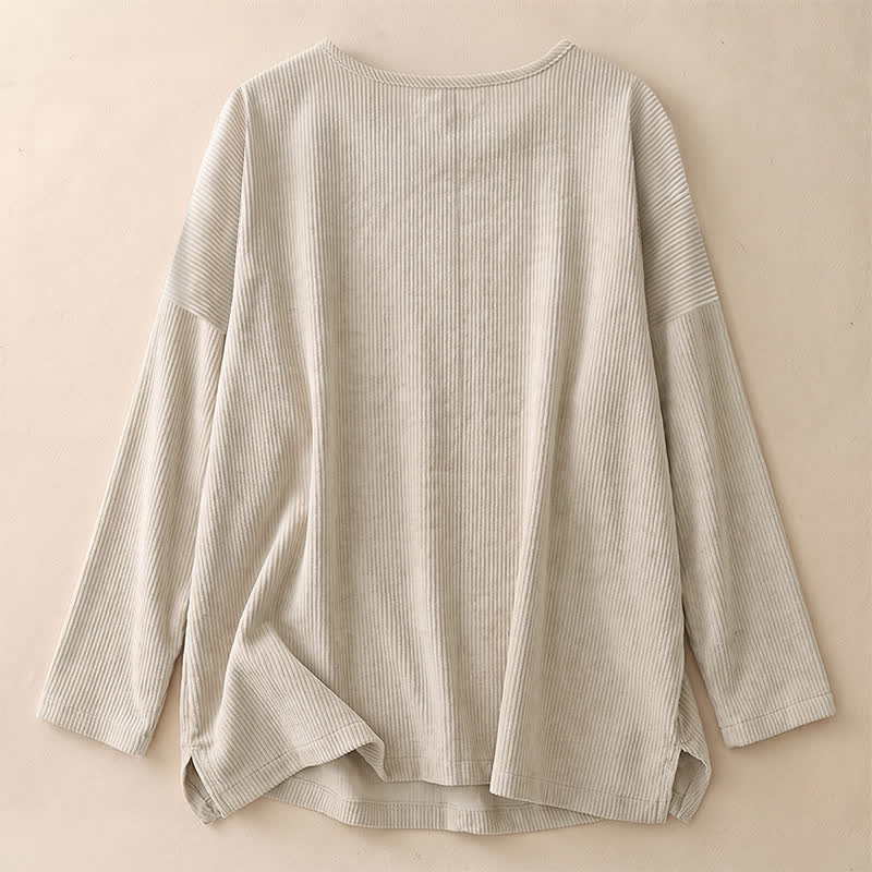 Buddha Stones Camicia da donna a maniche lunghe in velluto a coste tinta unita, girocollo, con bottoni, stile minimalista, primavera/autunno. - image 3