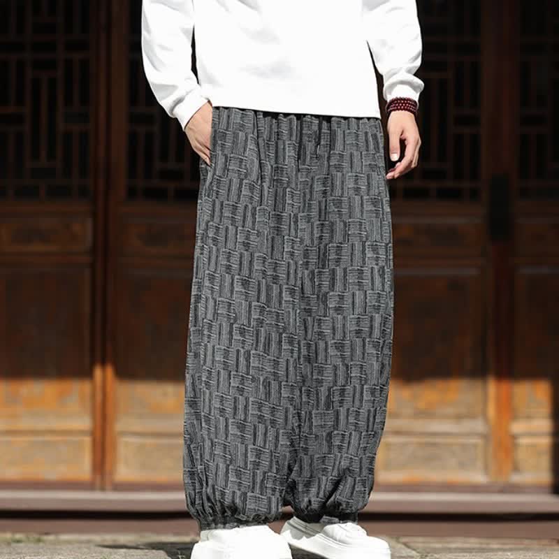 Buddha Stones Pantaloni corti da uomo in velluto a coste, stile vintage, con coulisse, a quadretti geometrici, per autunno/inverno, modello harem con tasche. - image 1