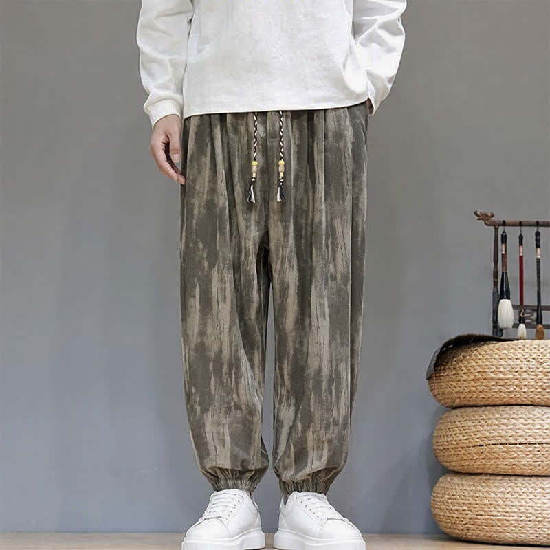 Buddha Stones Pantaloni corti da uomo in velluto a coste con coulisse e righe, casual autunno/inverno, modello harem con tasche. - image 1