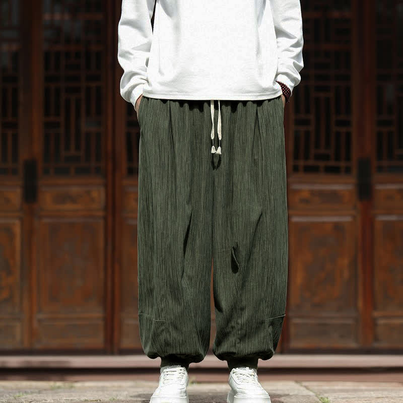 Buddha Stones Pantaloni harem da uomo in velluto a coste, casual, minimalisti, con coulisse, a righe verticali, con tasche, per la primavera. - Verde oliva scuro - US/UK/AU46, EU56 (5XL) - image 0