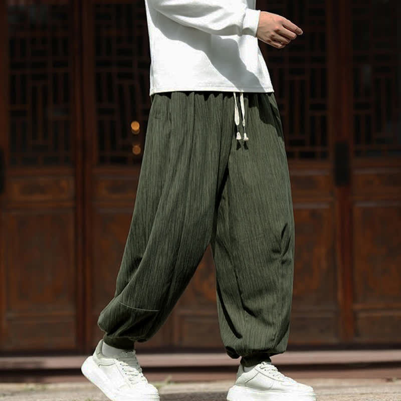 Buddha Stones Pantaloni harem da uomo in velluto a coste, casual, minimalisti, con coulisse, a righe verticali, con tasche, per la primavera. - image 1