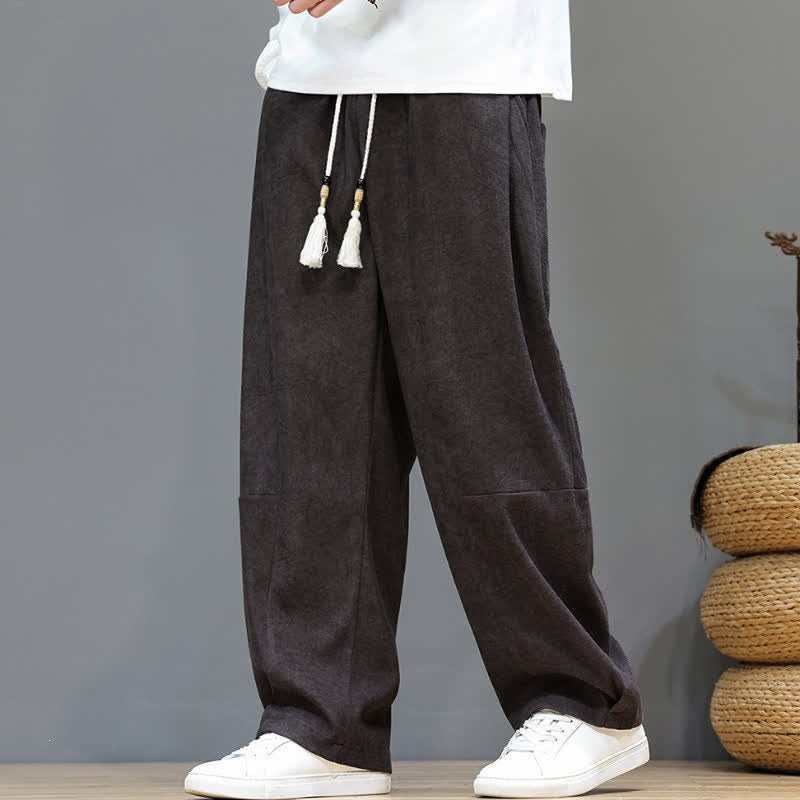 Buddha Stones Pantaloni casual autunno/inverno vintage con coulisse, tinta unita, alla caviglia, in velluto a coste, da uomo, gamba dritta con tasca - Marrone sella - US/UK/AU46, EU56 (5XL) - image 0