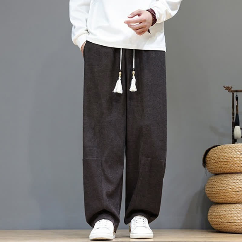 Buddha Stones Pantaloni casual autunno/inverno vintage con coulisse, tinta unita, alla caviglia, in velluto a coste, da uomo, gamba dritta con tasca - image 1