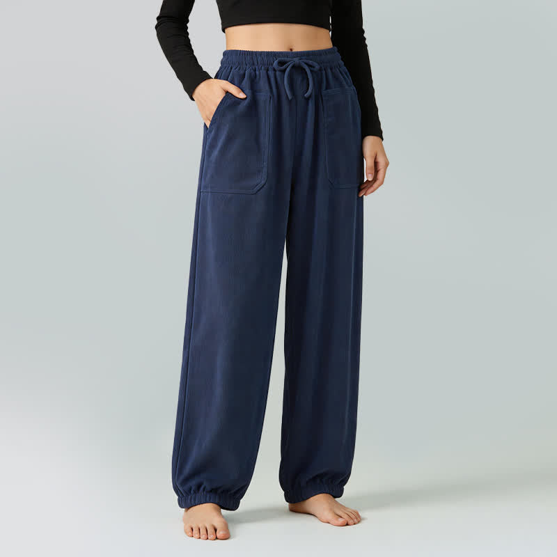 Buddha Stones Pantaloni lunghi casual autunno/inverno con coulisse, in velluto a coste con elastico in vita, modello affusolato da donna con tasche. - Blu mezzanotte - US12, UK/AU16, EU44 (2XL) - image 0