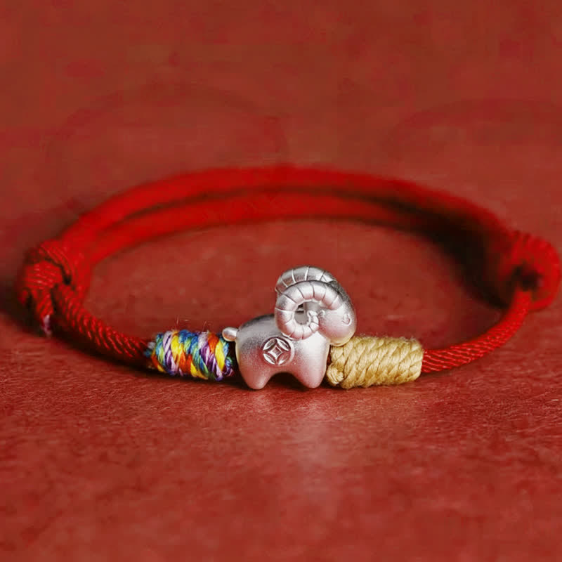 Buddha Stones Bracciale protettivo con cordino rosso a forma di pecora in argento sterling 999, anno della capra - Rosso acceso - image 0