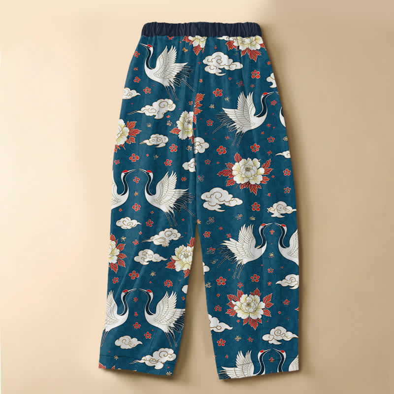 Buddha Stones Pantaloni harem da donna in puro cotone, modello classico con motivo gru e peonia, bottoni a rana e vita elasticizzata con tasche. - image 1