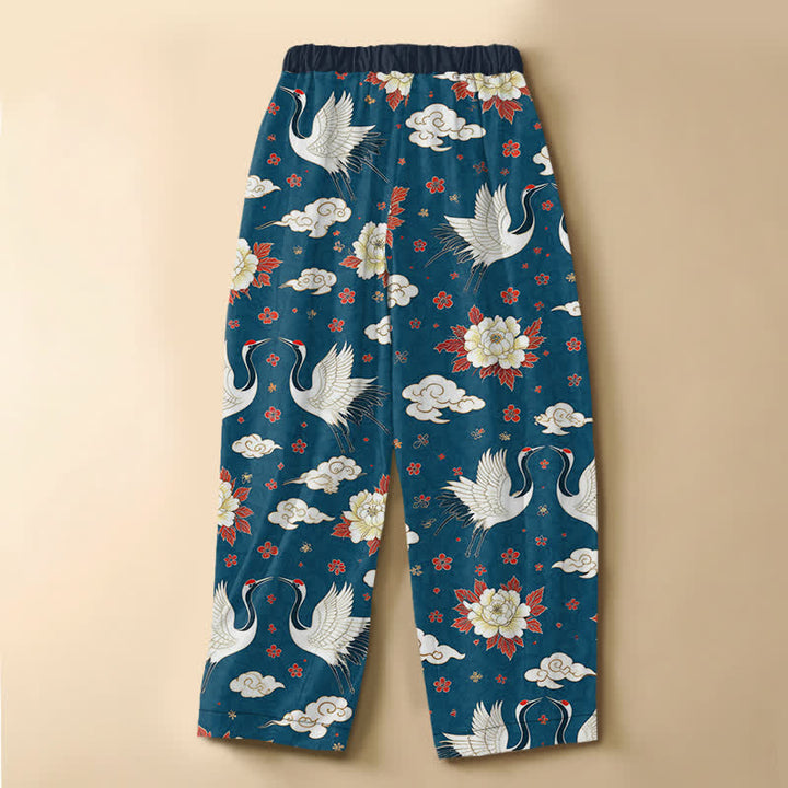 Buddha Stones Pantaloni harem da donna in puro cotone, modello classico con motivo gru e peonia, bottoni a rana e vita elasticizzata con tasche. - image 1