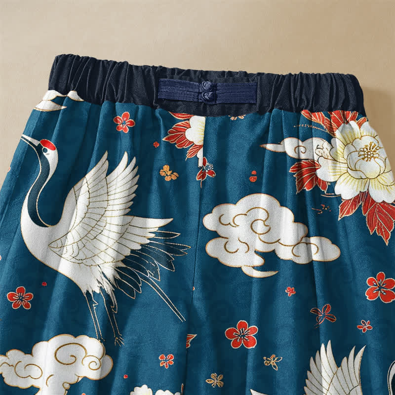 Buddha Stones Pantaloni harem da donna in puro cotone, modello classico con motivo gru e peonia, bottoni a rana e vita elasticizzata con tasche. - image 2