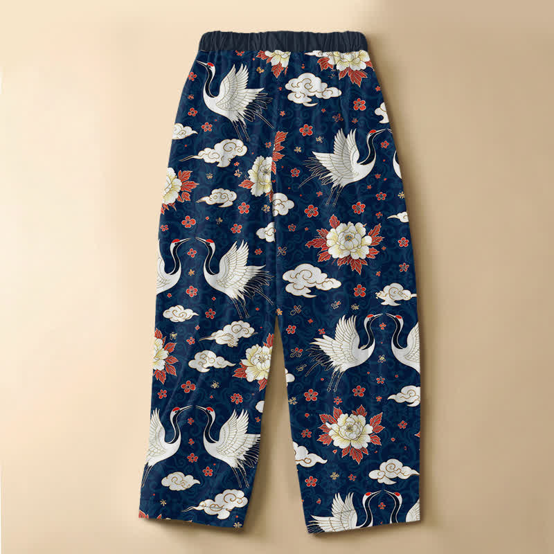 Buddha Stones Pantaloni harem da donna in puro cotone, modello classico con motivo gru e peonia, bottoni a rana e vita elasticizzata con tasche. - image 6