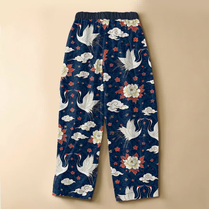 Buddha Stones Pantaloni harem da donna in puro cotone, modello classico con motivo gru e peonia, bottoni a rana e vita elasticizzata con tasche. - image 6