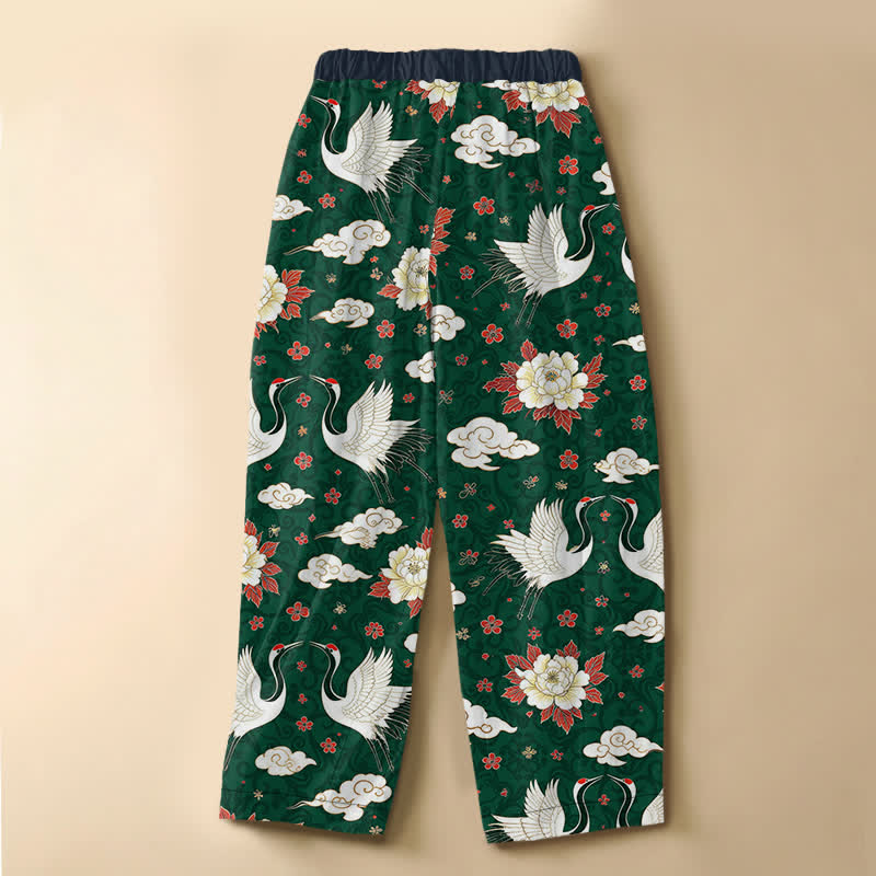 Buddha Stones Pantaloni harem da donna in puro cotone, modello classico con motivo gru e peonia, bottoni a rana e vita elasticizzata con tasche. - image 8