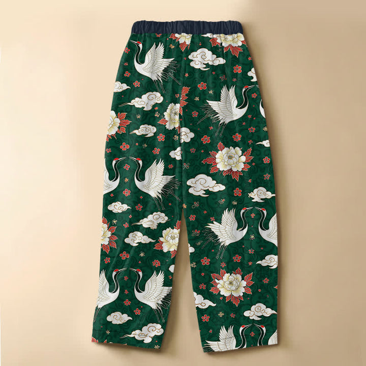 Buddha Stones Pantaloni harem da donna in puro cotone, modello classico con motivo gru e peonia, bottoni a rana e vita elasticizzata con tasche. - image 8