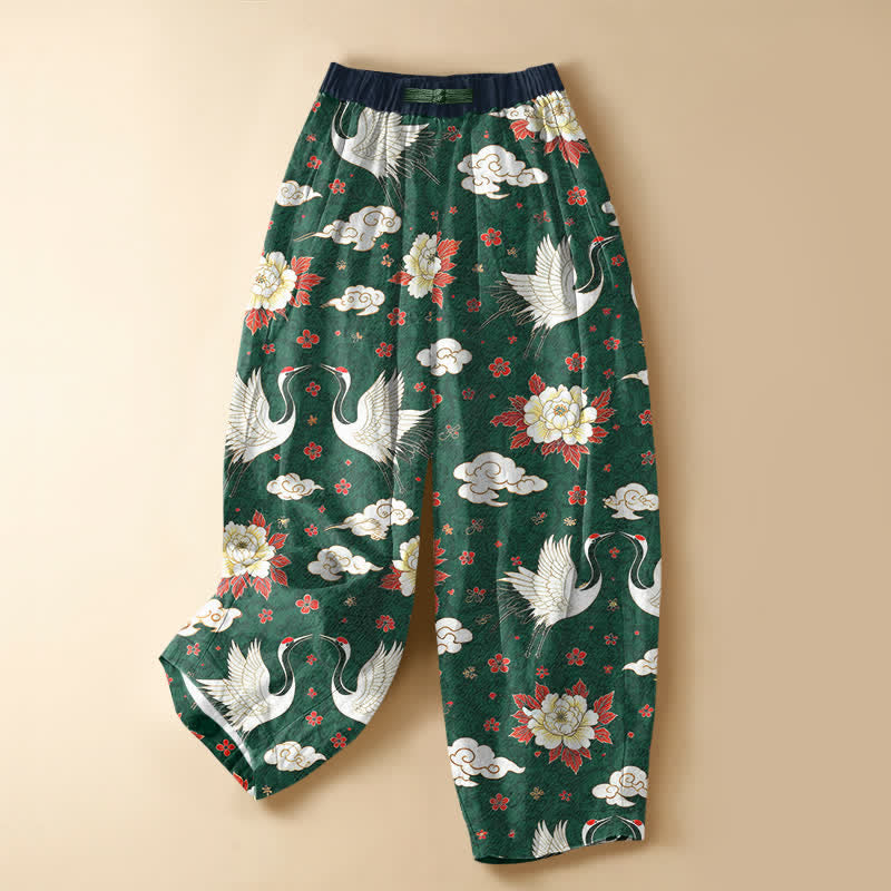 Buddha Stones Pantaloni harem da donna in puro cotone, modello classico con motivo gru e peonia, bottoni a rana e vita elasticizzata con tasche. - Verde mare - US16, UK/AU20, EU48 (3XL) - image 7