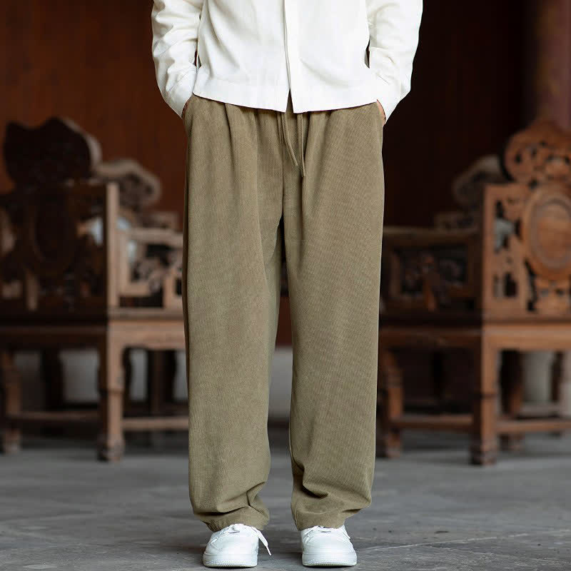 Buddha Stones Pantaloni autunnali casual minimalisti con coulisse, tinta unita, in velluto a coste, gamba dritta, da uomo, con tasche. - Tan - US/UK/AU46, EU56 (5XL) - image 0