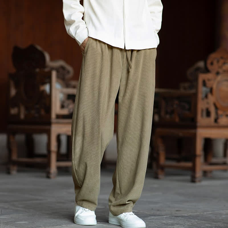 Buddha Stones Pantaloni autunnali casual minimalisti con coulisse, tinta unita, in velluto a coste, gamba dritta, da uomo, con tasche. - image 1