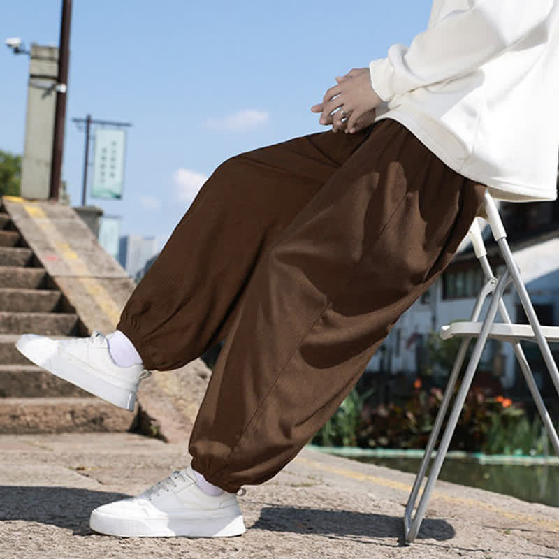 Buddha Stones Pantaloni invernali basici classici con coulisse, tinta unita, modello harem da uomo in velluto a coste, con tasche. - Marrone sella - US/UK/AU46, EU56 (5XL) - image 0