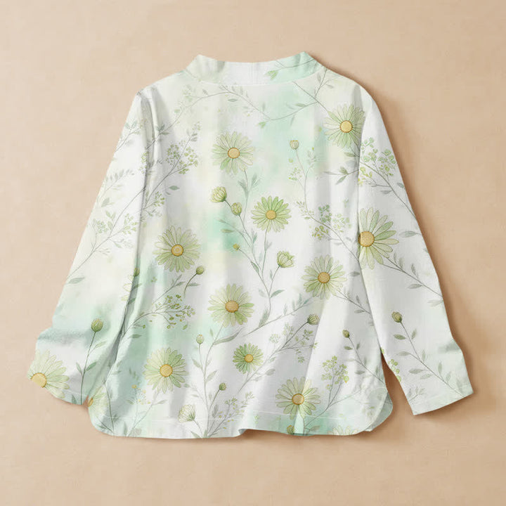 Buddha Stones Kimono da donna a maniche lunghe, stile Hanfu, con scollo a V e allacciatura, in cotone con stampa floreale a margherite. - image 1