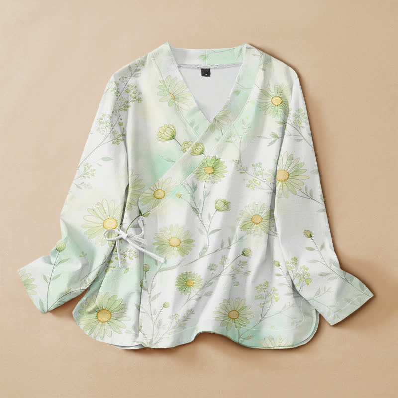 Buddha Stones Kimono da donna a maniche lunghe, stile Hanfu, con scollo a V e allacciatura, in cotone con stampa floreale a margherite. - Melata - US16, UK/AU20, EU48 (3XL) - image 0