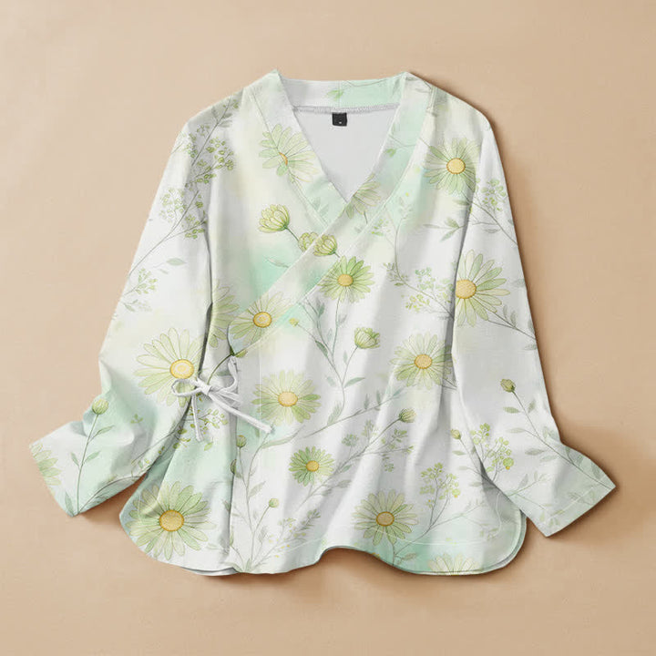 Buddha Stones Kimono da donna a maniche lunghe, stile Hanfu, con scollo a V e allacciatura, in cotone con stampa floreale a margherite. - Melata - US16, UK/AU20, EU48 (3XL) - image 0