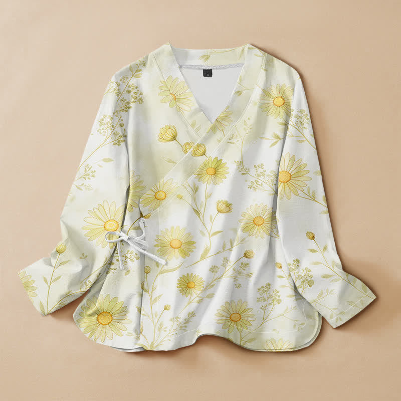 Buddha Stones Kimono da donna a maniche lunghe, stile Hanfu, con scollo a V e allacciatura, in cotone con stampa floreale a margherite. - Avorio - US16, UK/AU20, EU48 (3XL) - image 5