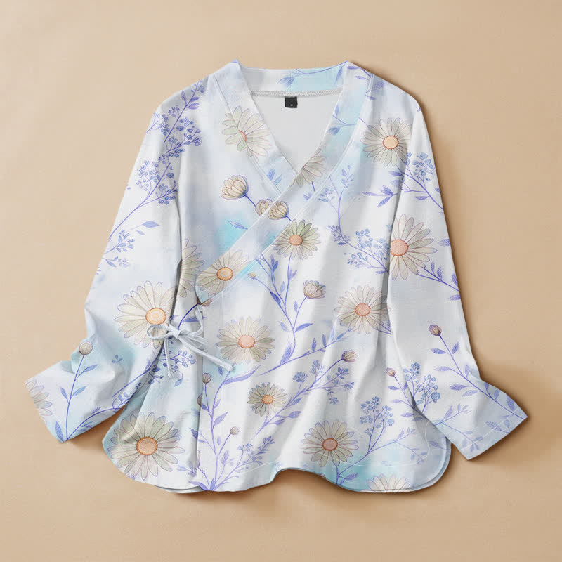 Buddha Stones Kimono da donna a maniche lunghe, stile Hanfu, con scollo a V e allacciatura, in cotone con stampa floreale a margherite. - AliceBlue - US16, UK/AU20, EU48 (3XL) - image 7
