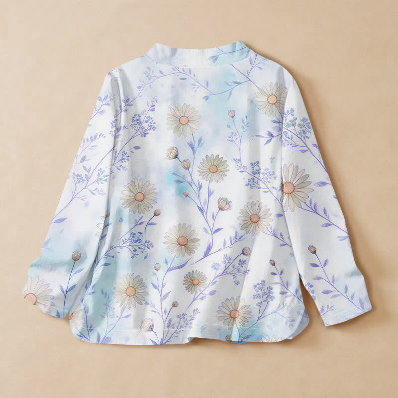 Buddha Stones Kimono da donna a maniche lunghe, stile Hanfu, con scollo a V e allacciatura, in cotone con stampa floreale a margherite. - image 8