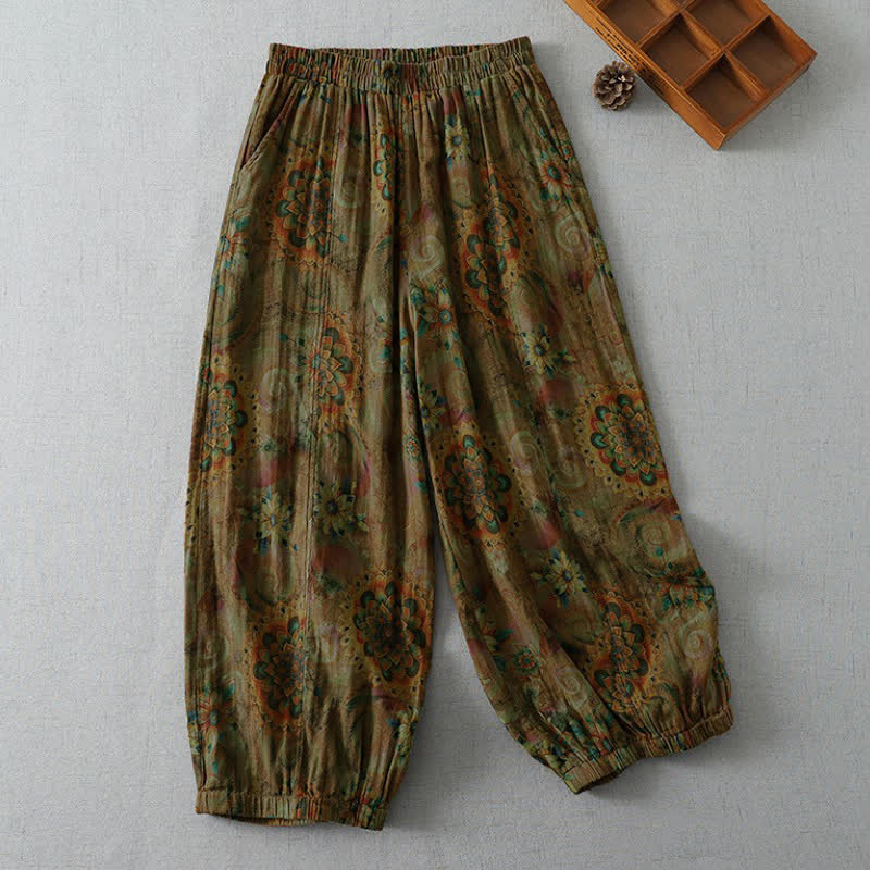 Buddha Stones Pantaloni corti da donna stile boho vintage con stampa floreale, modello harem, con tasche, per primavera/estate. - Marrone sella - US8-10, UK/AU12-14, EU40-42 (2XL) - image 0