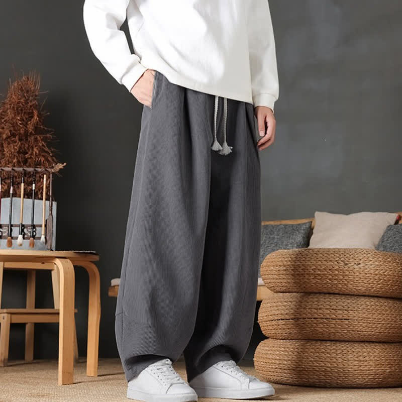 Buddha Stones Pantaloni alla caviglia vintage casual autunno/inverno in velluto a coste da uomo, modello harem con tasche - image 1