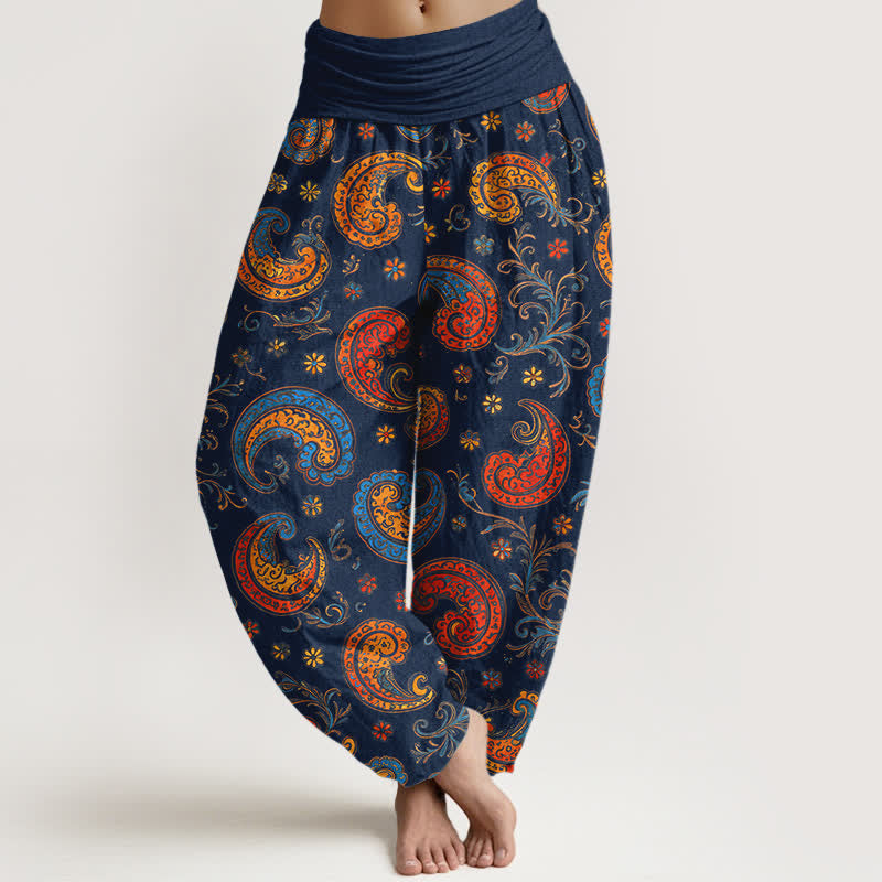 Buddha Stones Pantaloni harem da donna in cotone con motivo paisley esotico e vita elasticizzata. - Blu mezzanotte - US16, UK/AU20, EU48 (3XL) - image 0