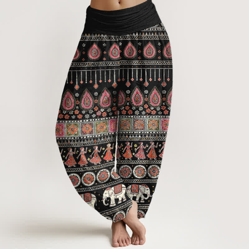 Buddha Stones Pantaloni harem da donna in cotone con elastico in vita e fantasia geometrica a elefante. - Nero - US16, UK/AU20, EU48 (3XL) - image 0