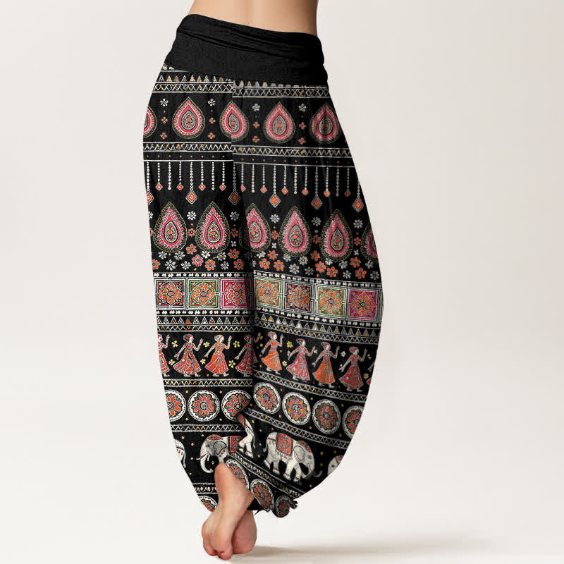 Buddha Stones Pantaloni harem da donna in cotone con elastico in vita e fantasia geometrica a elefante. - image 1