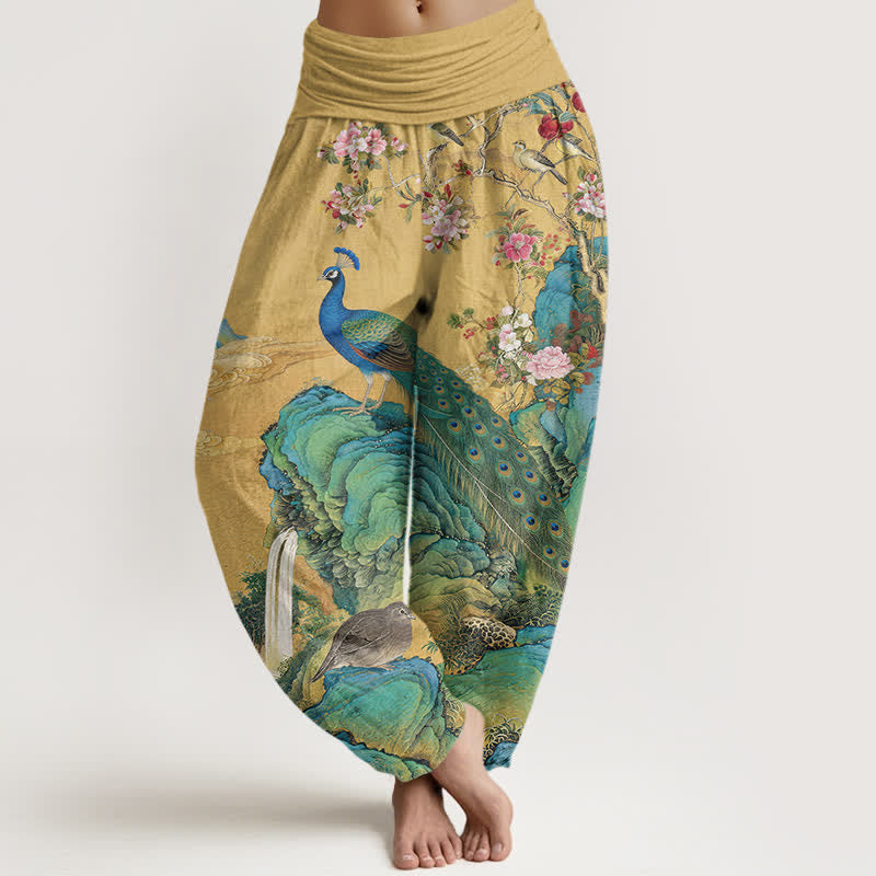 Buddha Stones Pantaloni harem da donna in cotone con motivo floreale e pavone, con elastico in vita. - Verga d'oro - US16, UK/AU20, EU48 (3XL) - image 0