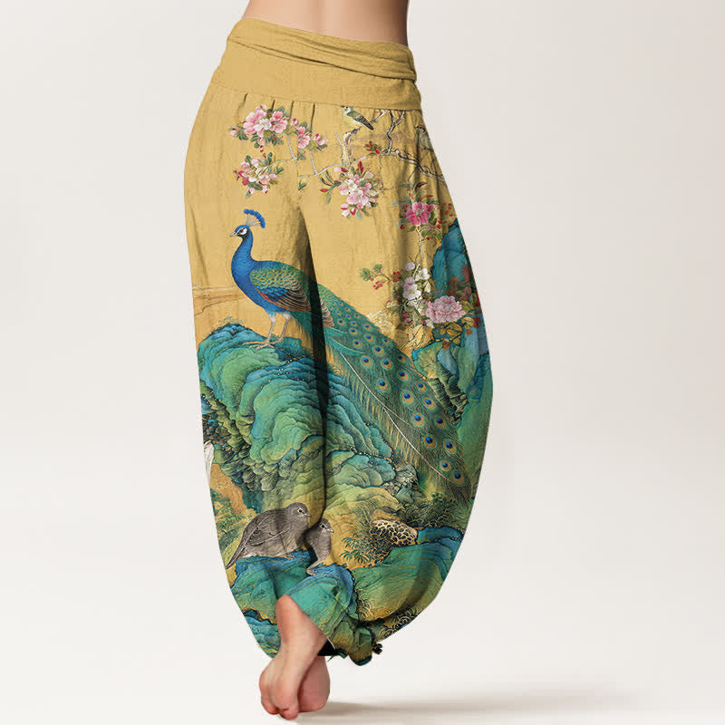 Buddha Stones Pantaloni harem da donna in cotone con motivo floreale e pavone, con elastico in vita. - image 1