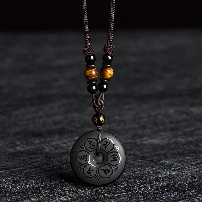 Buddha Stones Collana intrecciata con fibbia della pace in ossidiana nera e incisione protettiva. - image 2